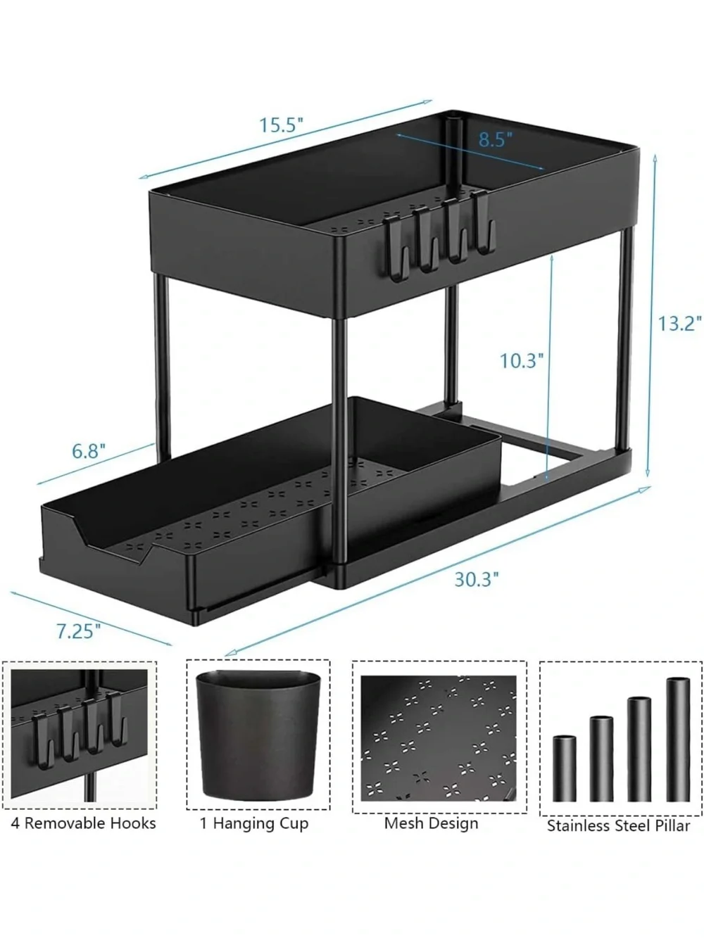 Under-Shelf Slide-Out Organizer Rack - Matte Black